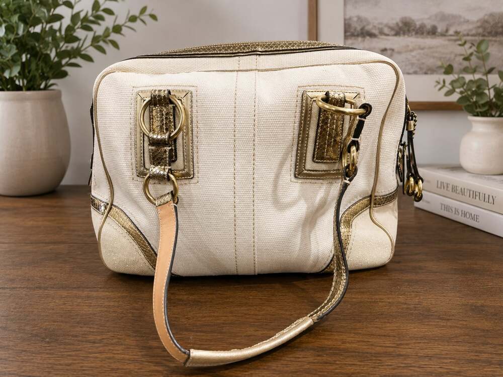 Vintage 2007 Coach Legacy Soho 10737 Ivory Canvas Gold Python Satchel Y2K